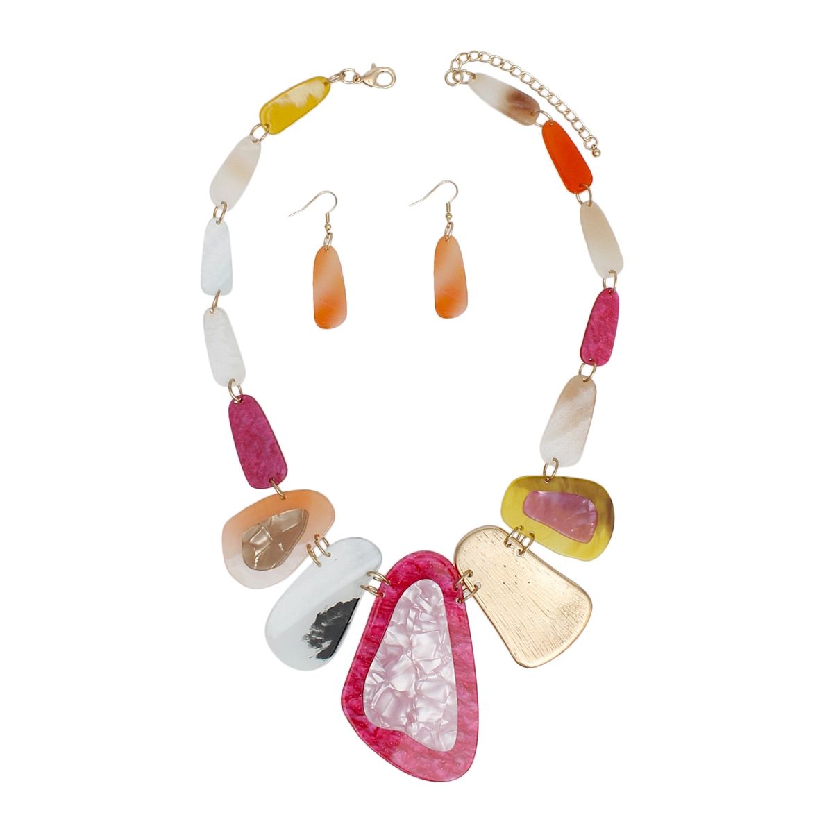 Multicolor Acrylic Bib Necklace Gold Tone Linked Set with Earrings