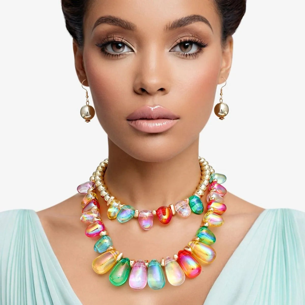 Vibrant Double Layer Beaded Multicolor Iridescent Teardrop Necklace Set with Gold Acrylic Balls & Matching Earrings