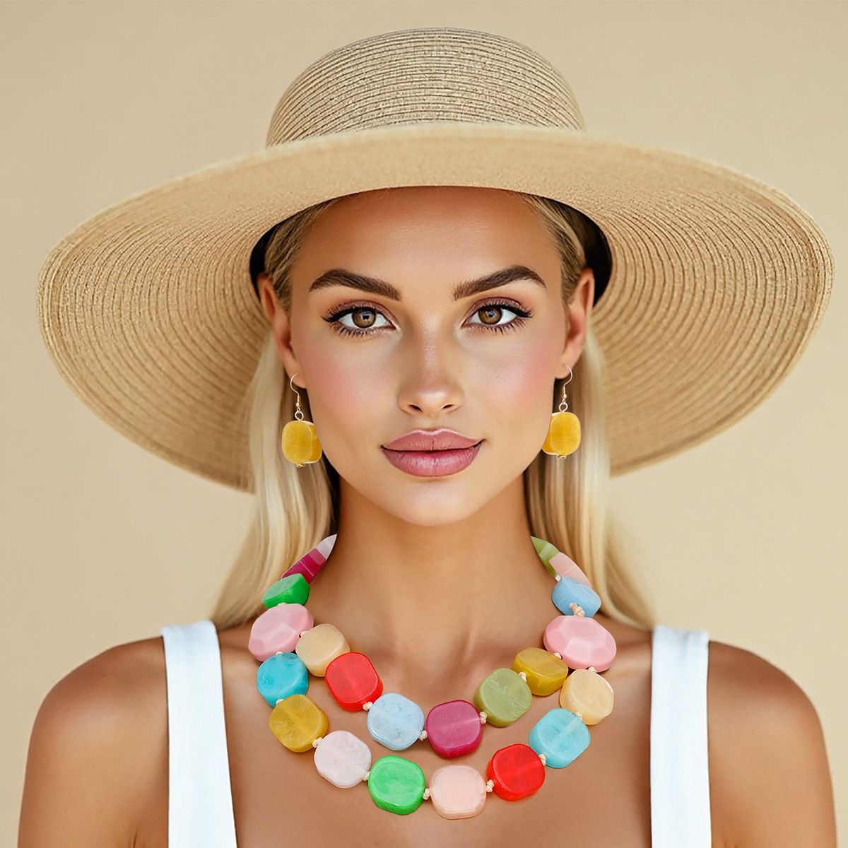 Chunky Acrylic Beaded Necklace Multicolor Marbled Double Strand Set