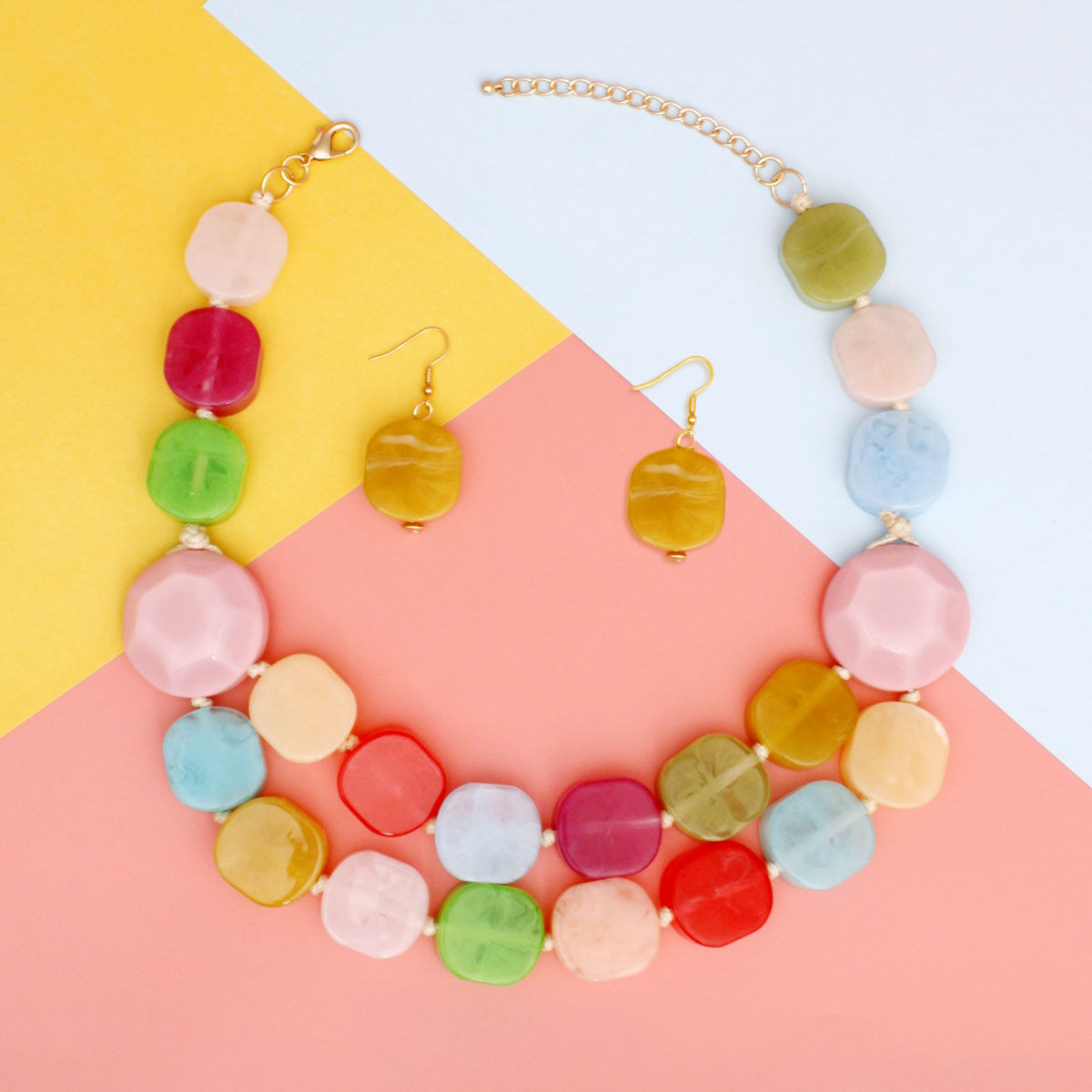 Chunky Acrylic Beaded Necklace Multicolor Marbled Double Strand Set