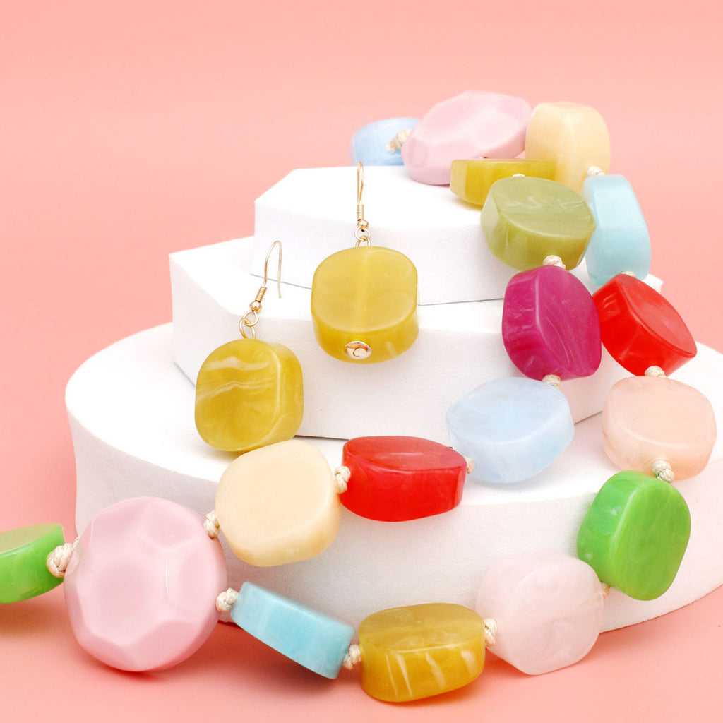 Chunky Acrylic Beaded Necklace Multicolor Marbled Double Strand Set
