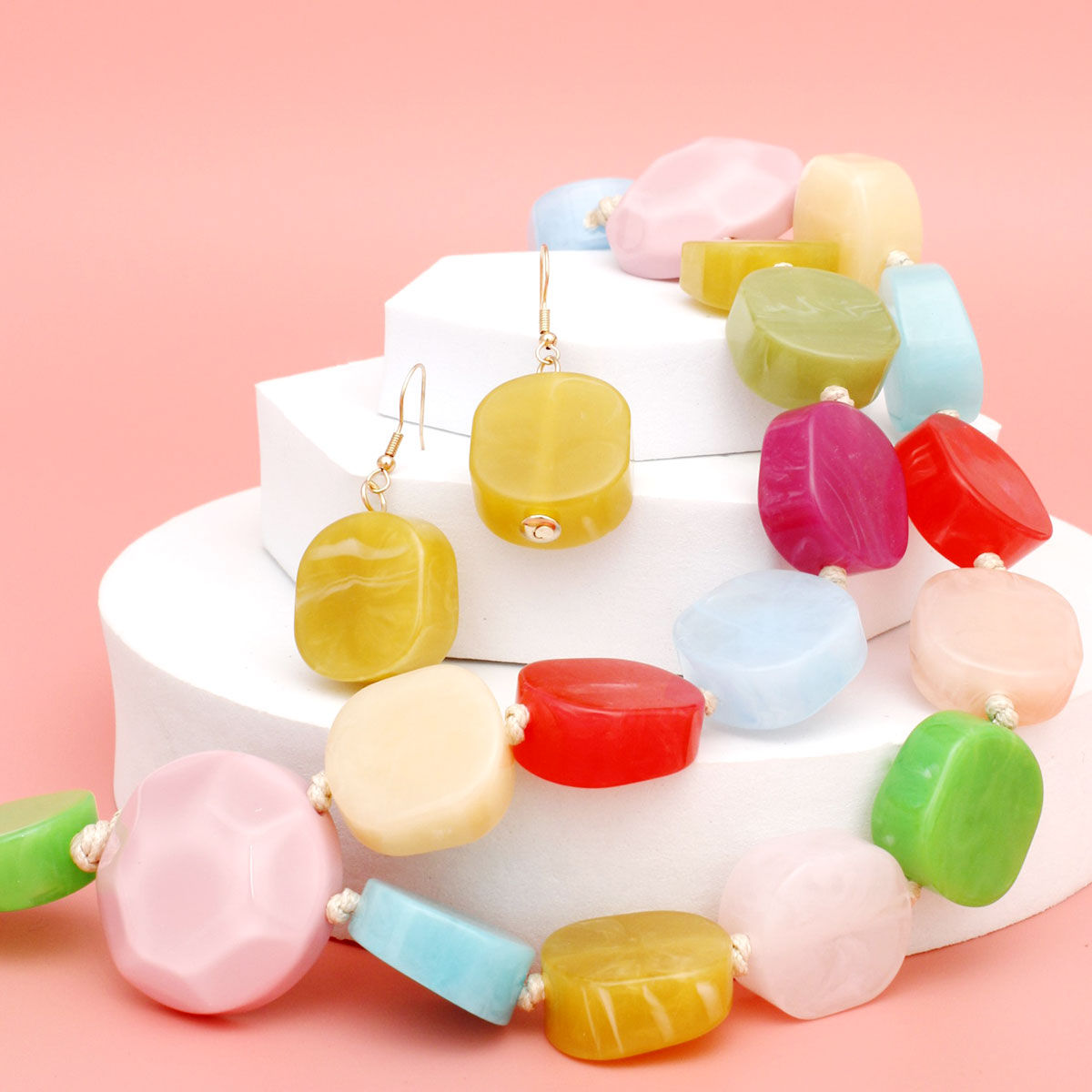 Chunky Acrylic Beaded Necklace Multicolor Marbled Double Strand Set