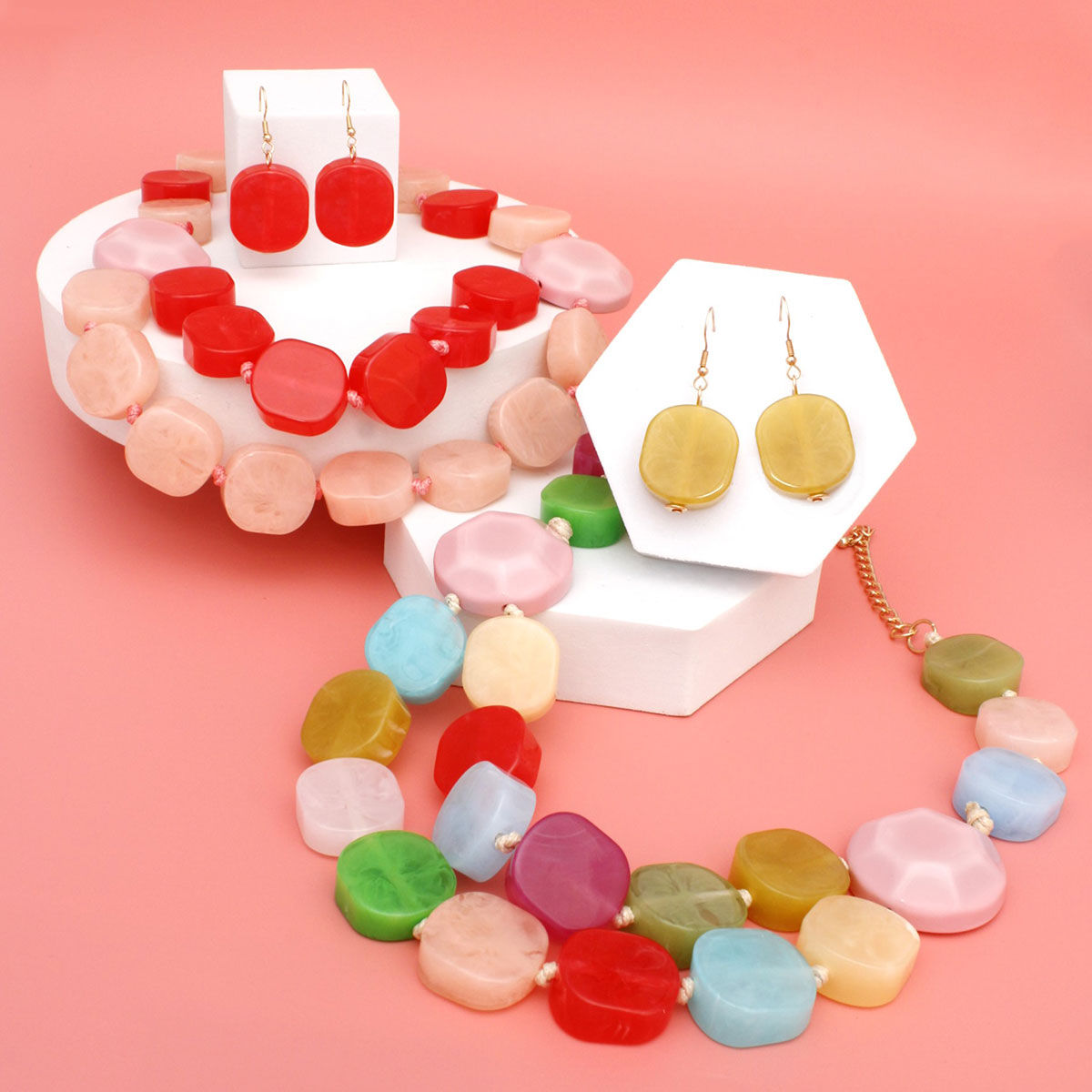 Chunky Acrylic Beaded Necklace Multicolor Marbled Double Strand Set