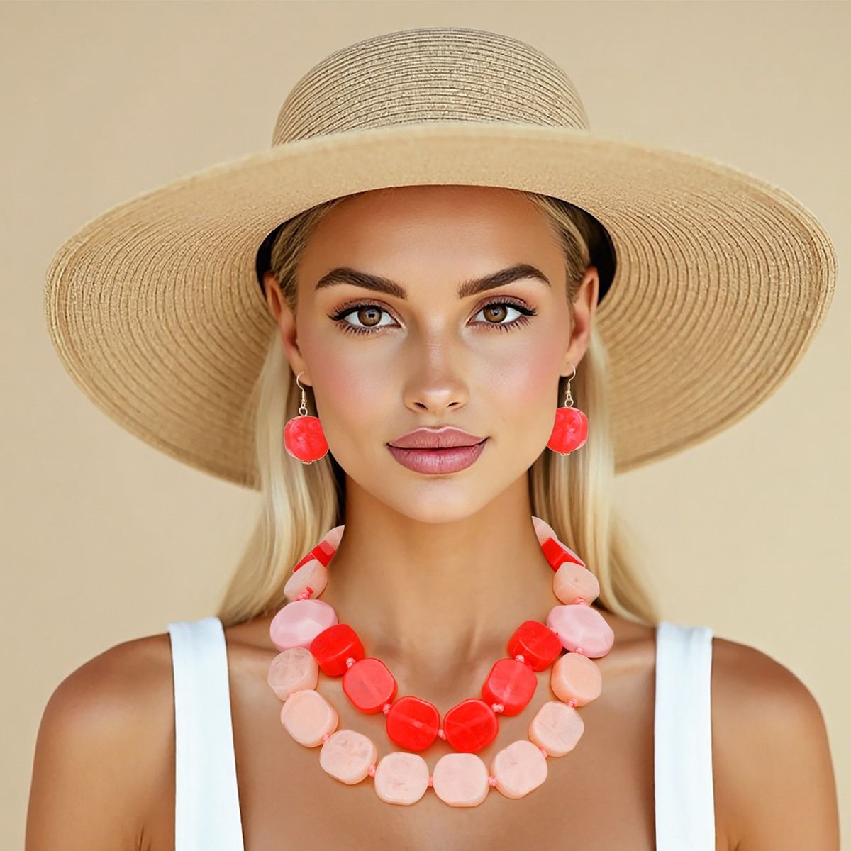 Acrylic Beaded Necklace Set Chunky Pink Double Strand with Matching Earrings