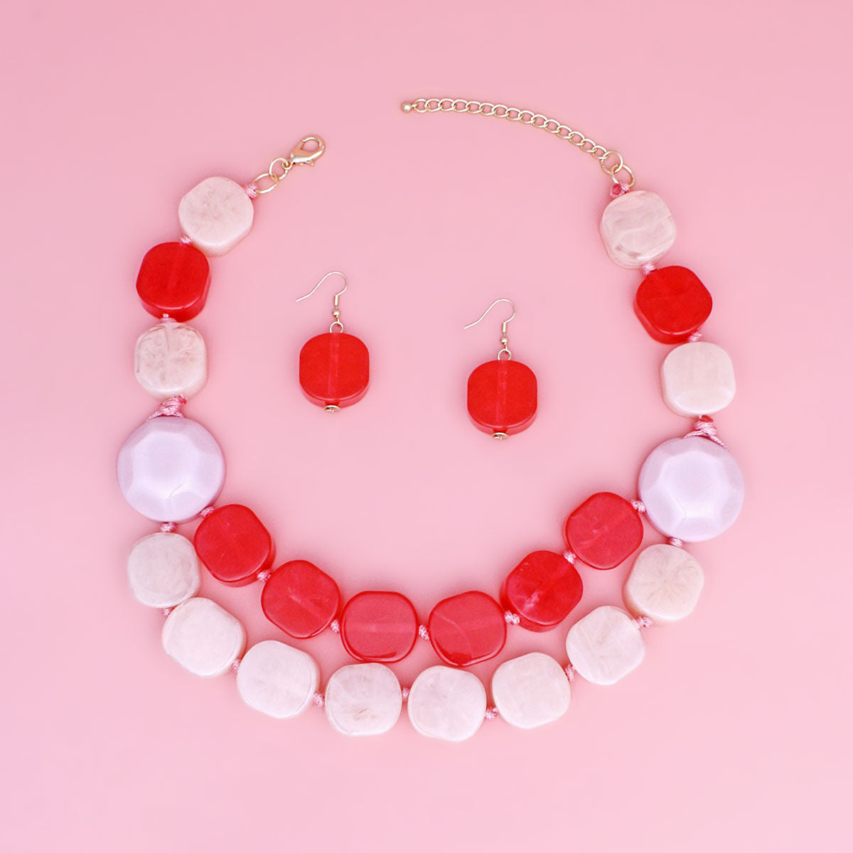 Acrylic Beaded Necklace Set Chunky Pink Double Strand with Matching Earrings