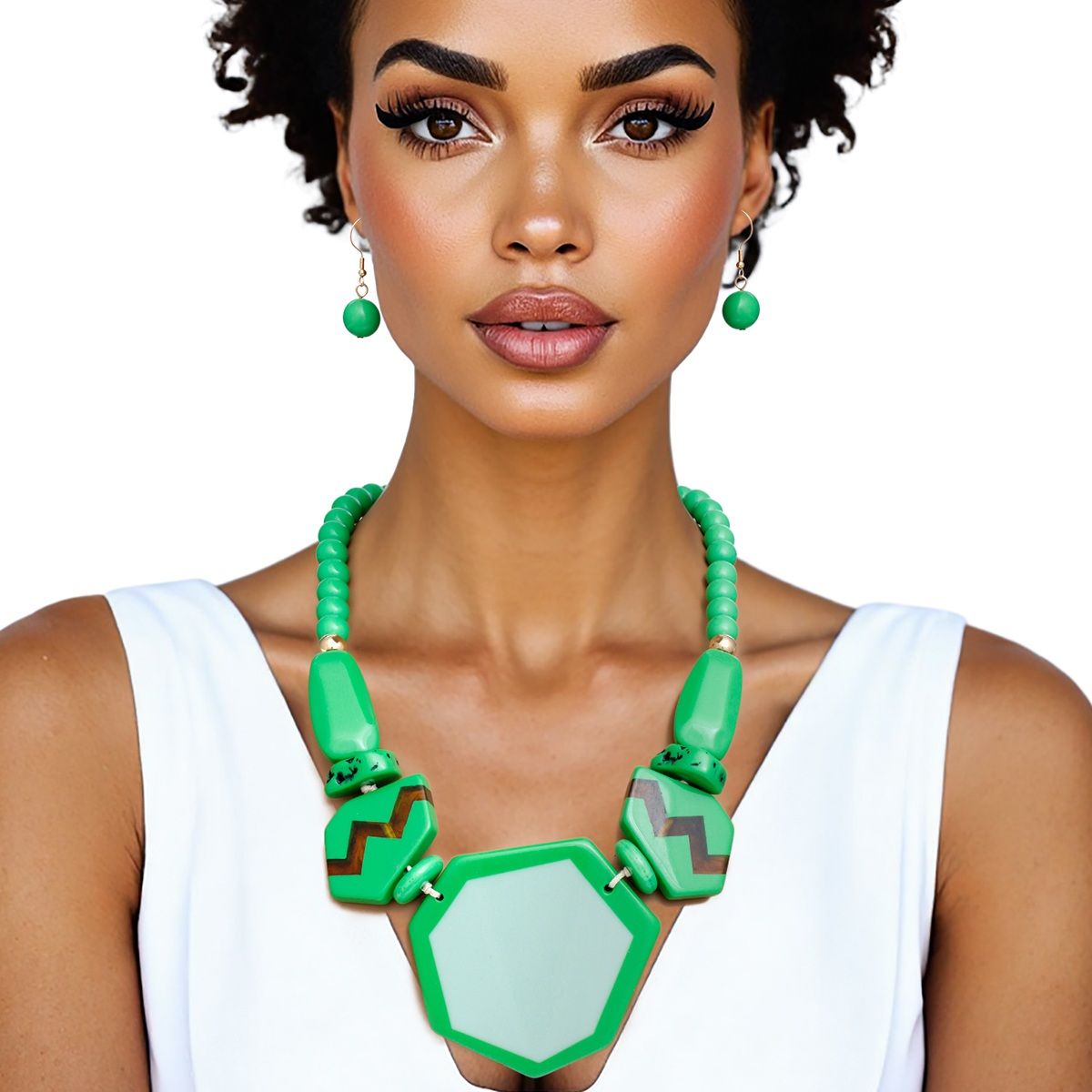 Geometric Statement Necklace Set Green Acrylic Beads & Earrings | Retro Vibe