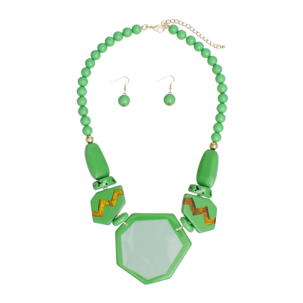 Geometric Statement Necklace Set Green Acrylic Beads & Earrings | Retro Vibe