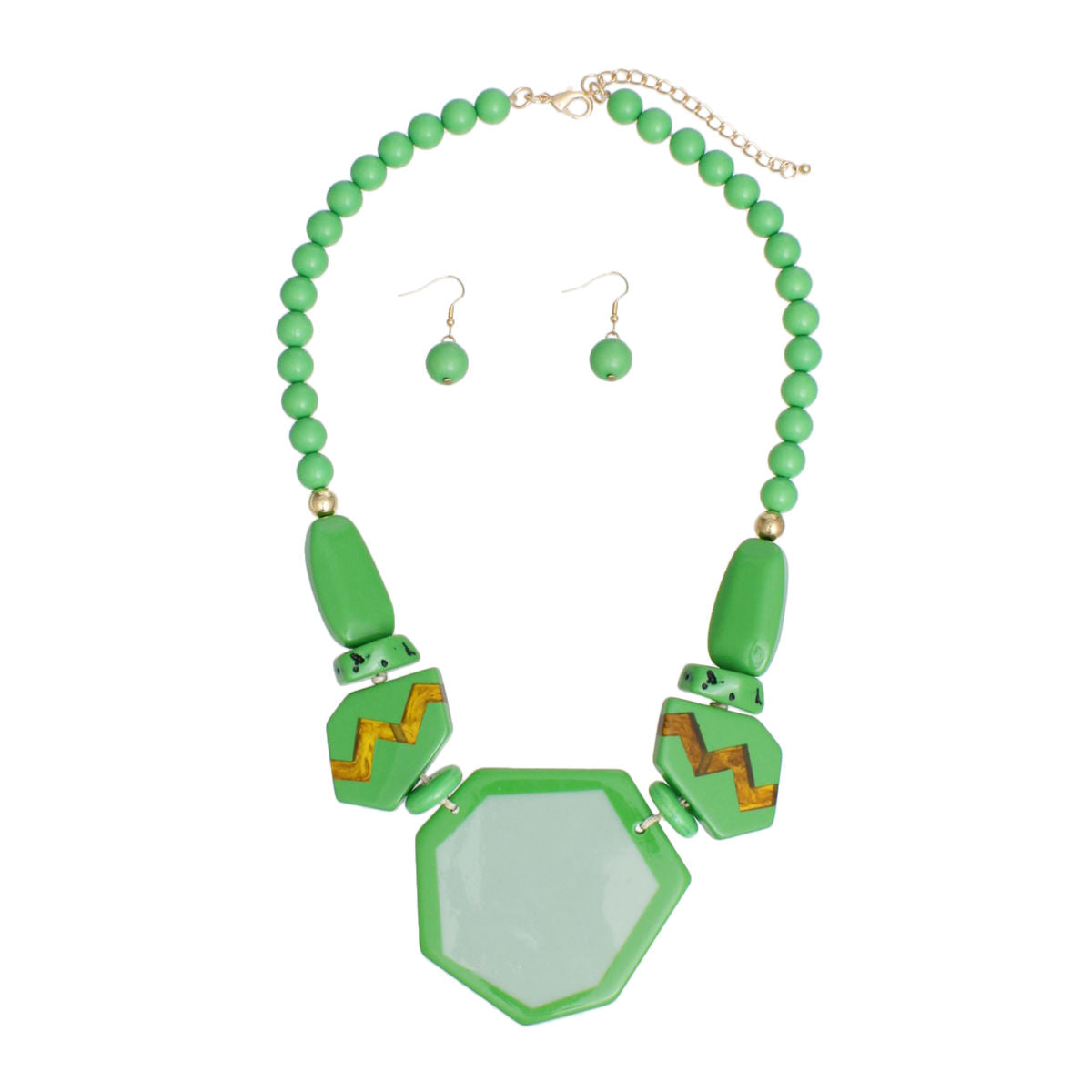 Geometric Statement Necklace Set Green Acrylic Beads & Earrings | Retro Vibe