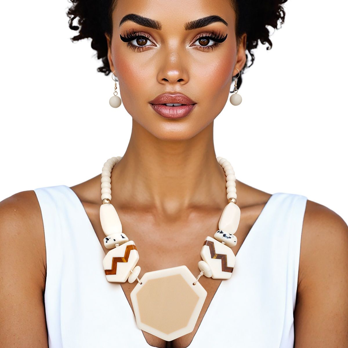 Geometric Statement Necklace Set Ivory Acrylic Beads & Earrings | Retro Vibe