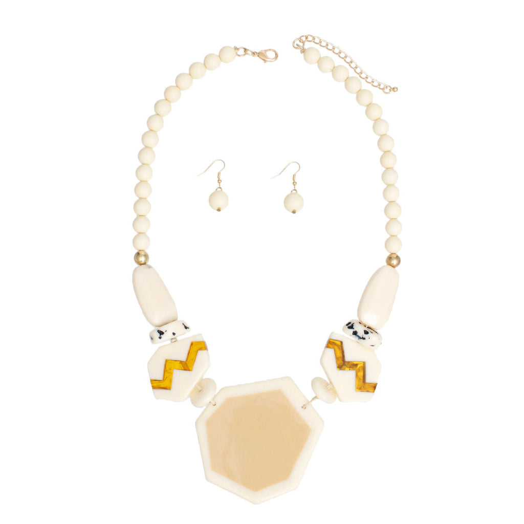 Geometric Statement Necklace Set Ivory Acrylic Beads & Earrings | Retro Vibe
