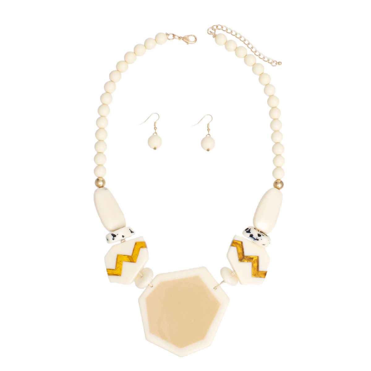 Geometric Statement Necklace Set Ivory Acrylic Beads & Earrings | Retro Vibe