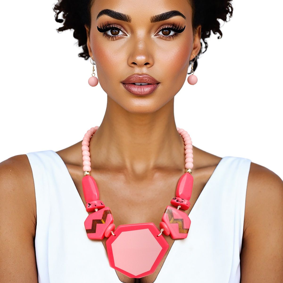 Geometric Statement Necklace Set Pink Acrylic Beads & Earrings | Retro Vibe