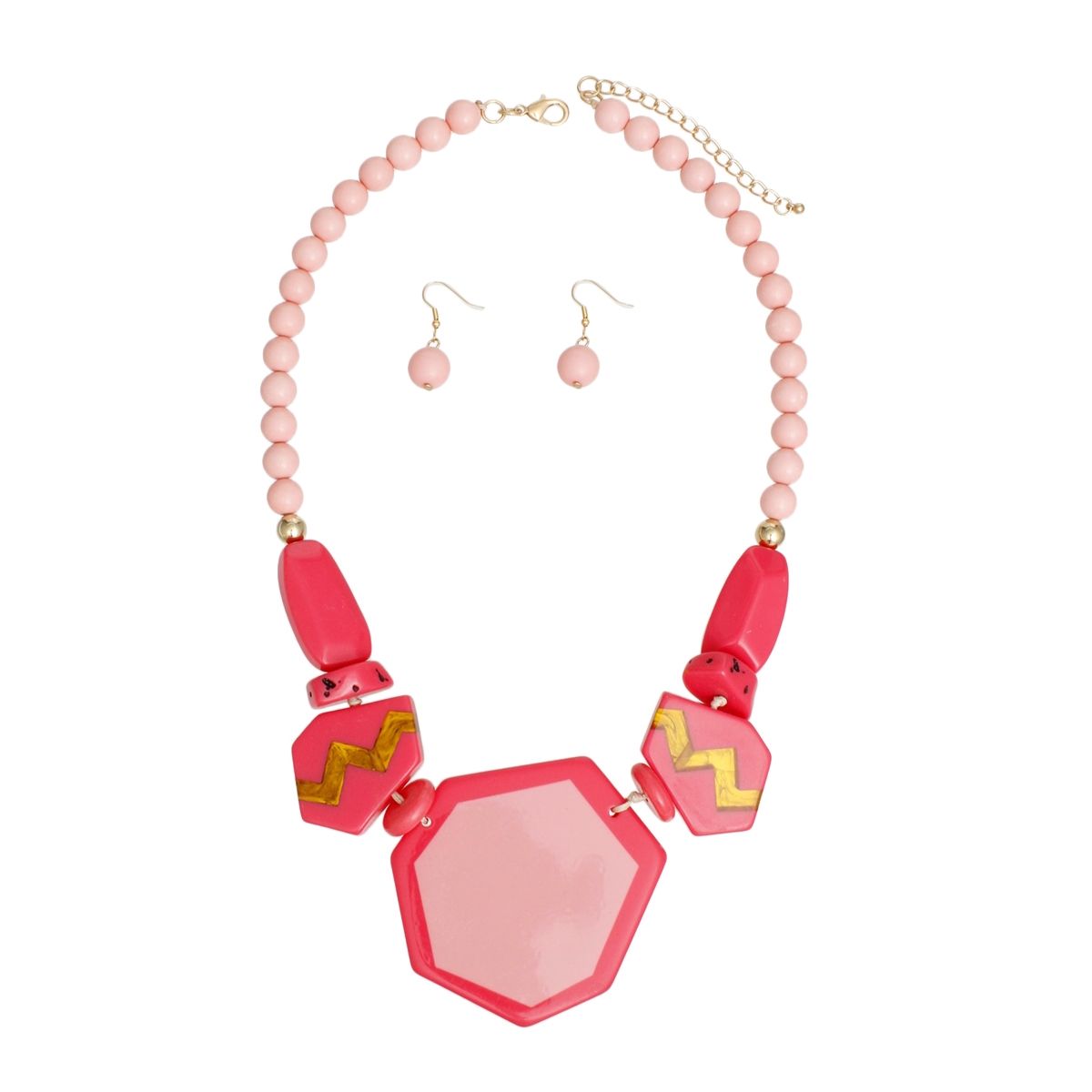 Geometric Statement Necklace Set Pink Acrylic Beads & Earrings | Retro Vibe
