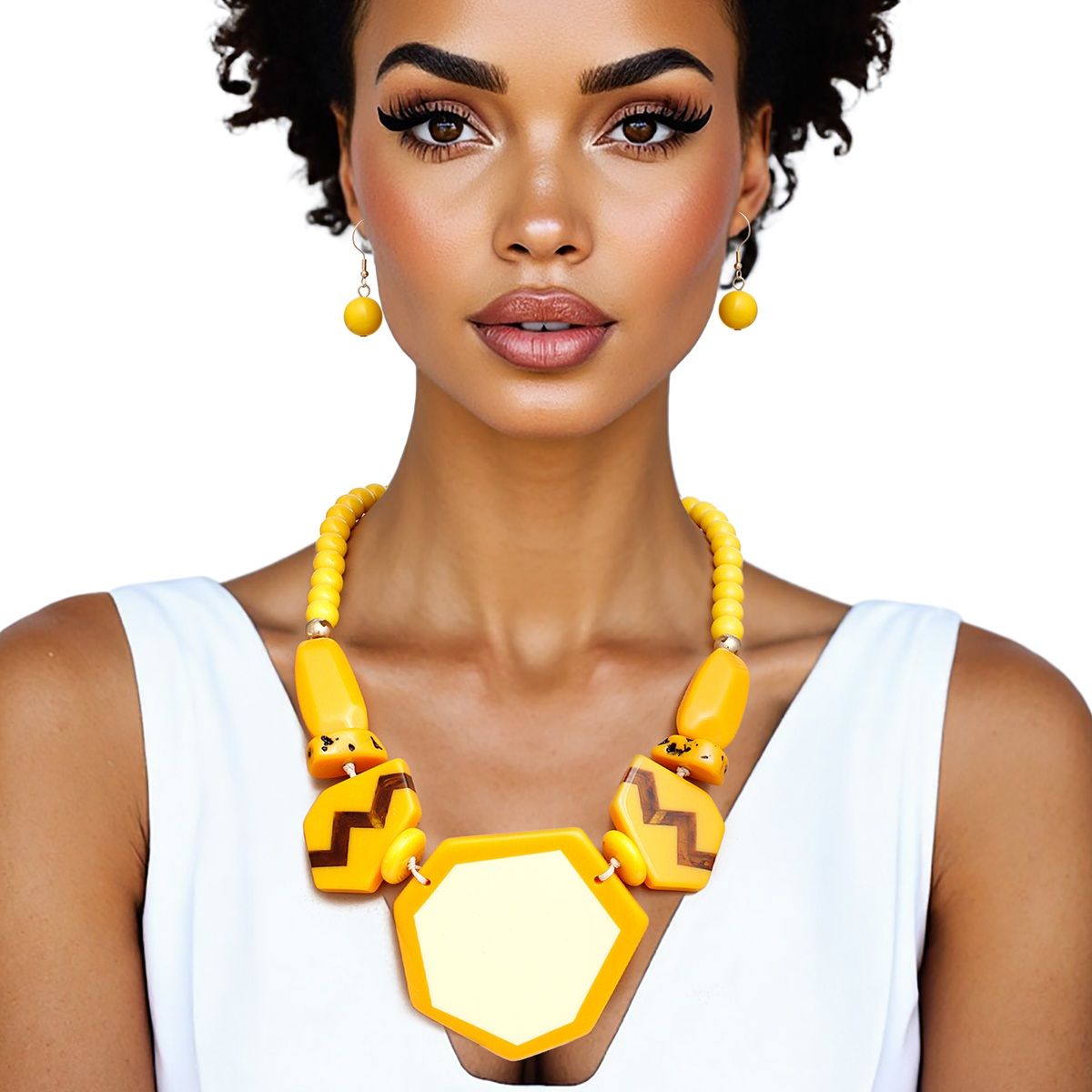 Geometric Statement Necklace Set Yellow Acrylic Beads & Earrings | Retro Vibe