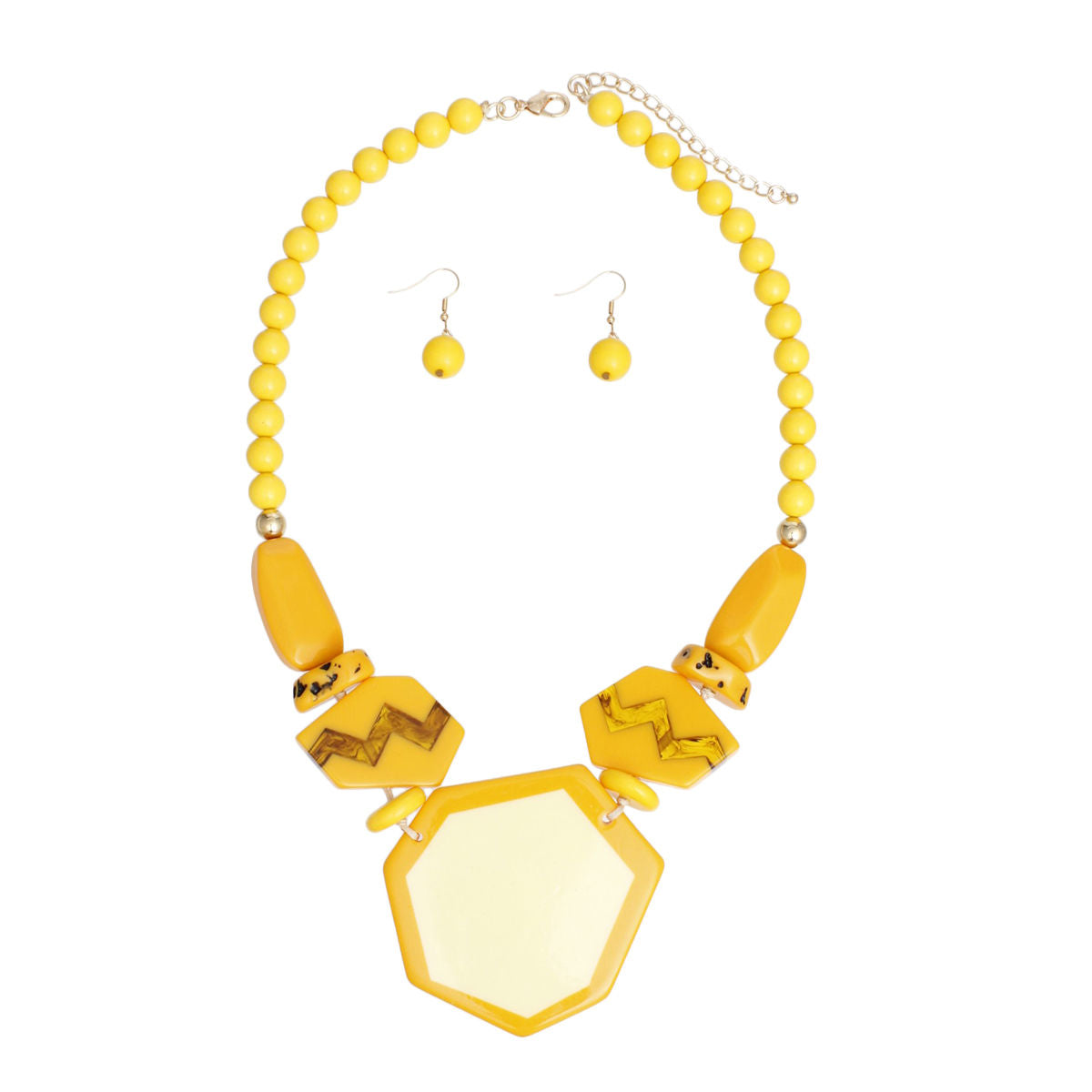 Geometric Statement Necklace Set Yellow Acrylic Beads & Earrings | Retro Vibe