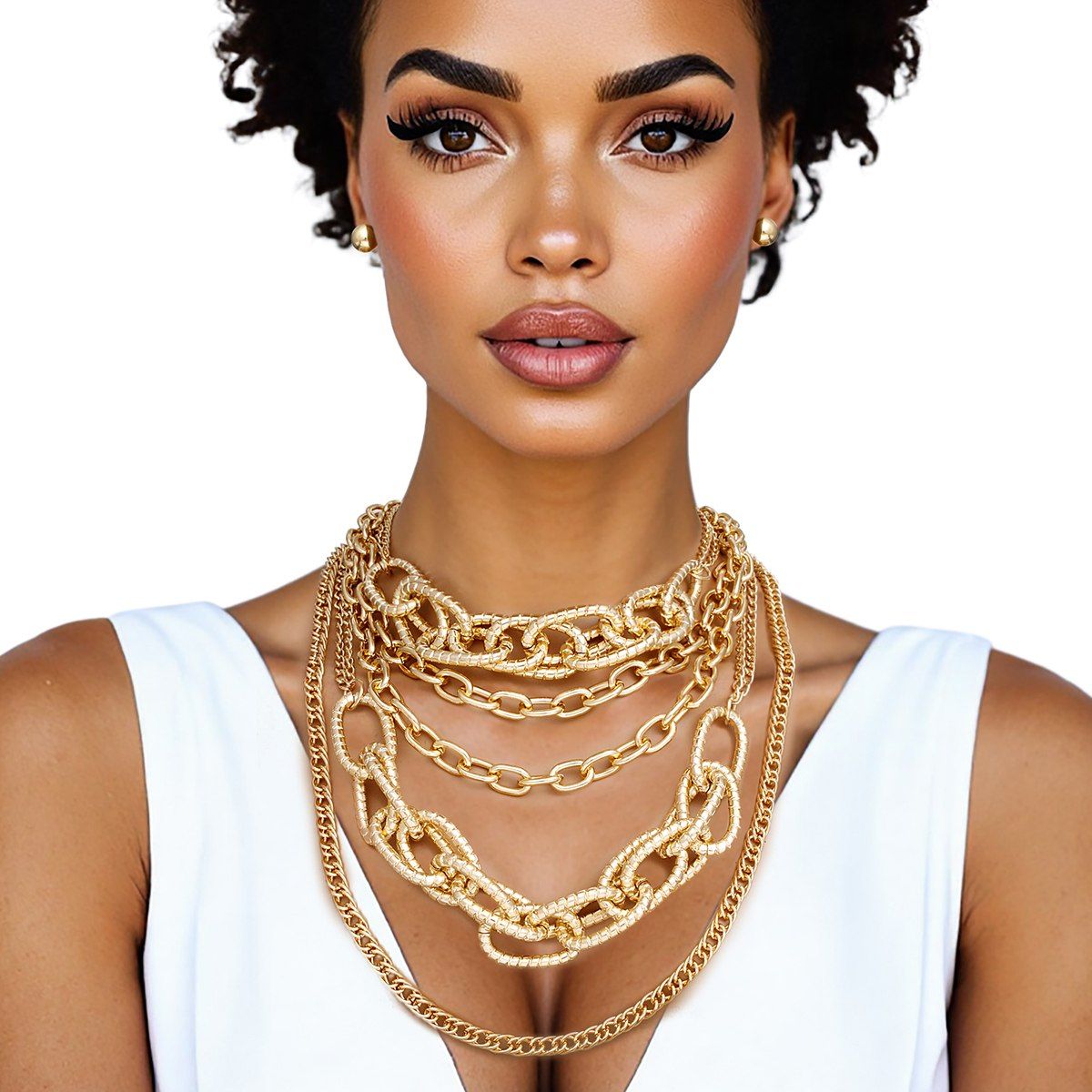 Layered Chain Necklace Set Women's Gold 5 Layer Mixed Link