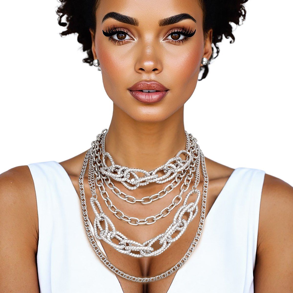 Layered Chain Necklace Silver Five-Layer Mixed Link Set | Fashion Jewelry
