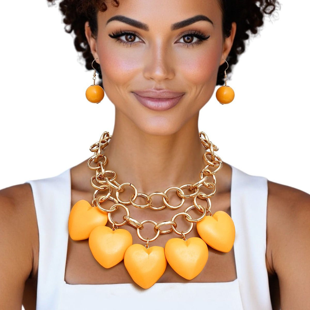 Chunky Orange Heart Necklace Set – Gold Chain Bold Statement | Fashion Jewelry