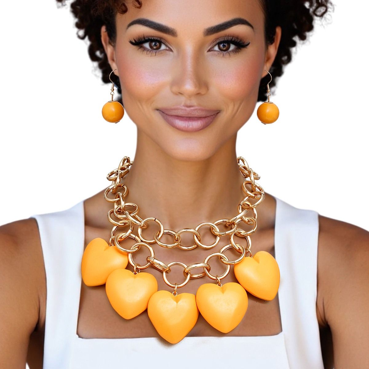 Chunky Orange Heart Necklace Set – Gold Chain Bold Statement | Fashion Jewelry