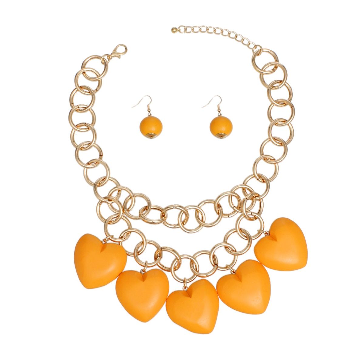 Chunky Orange Heart Necklace Set – Gold Chain Bold Statement | Fashion Jewelry