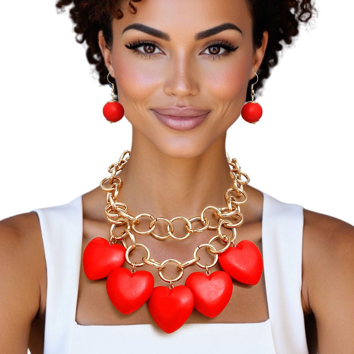 Chunky Red Heart Necklace Set – Gold Chain Bold Statement | Fashion Jewelry