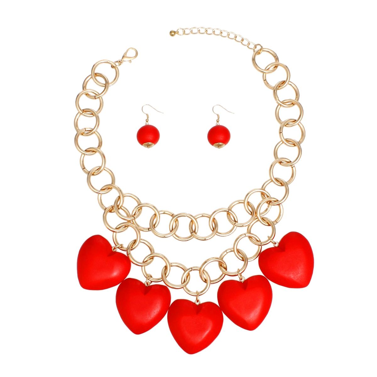 Chunky Red Heart Necklace Set – Gold Chain Bold Statement | Fashion Jewelry