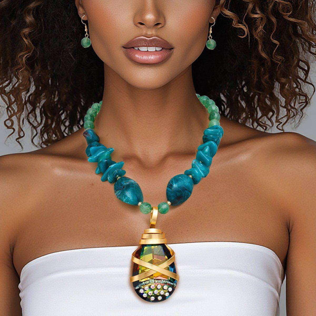 Marbled Green Teal Pendant Necklace Set with Artisan Crystal Focal