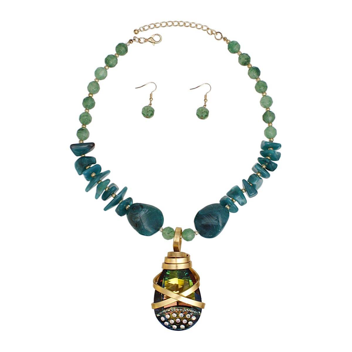 Marbled Green Teal Pendant Necklace Set with Artisan Crystal Focal