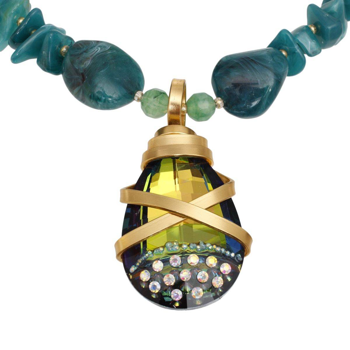 Marbled Green Teal Pendant Necklace Set with Artisan Crystal Focal