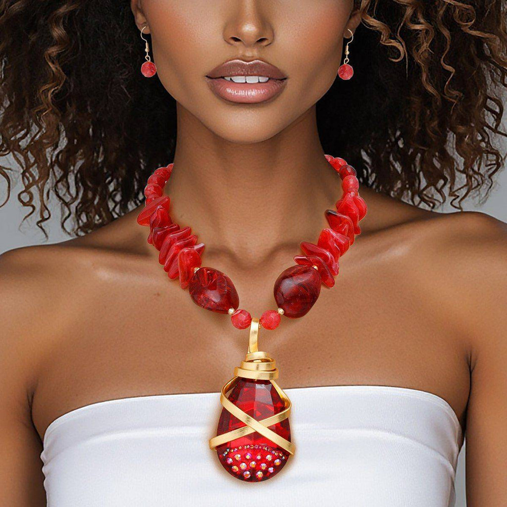 Marbled Red Stone Pendant Necklace Set with Artisan Crystal Detailing