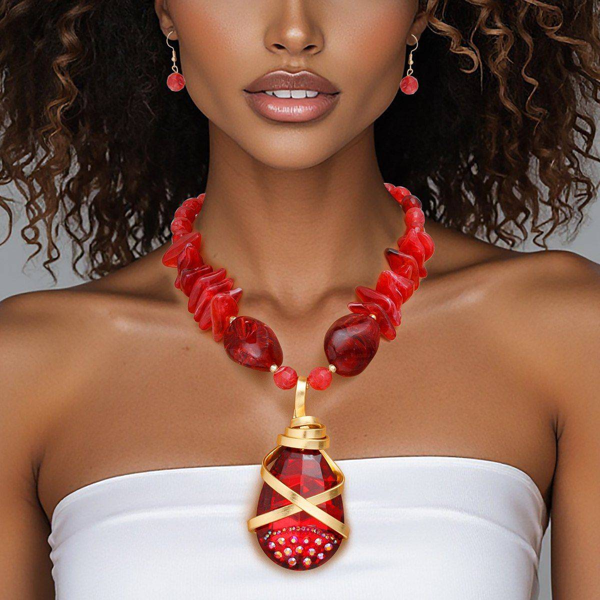 Marbled Red Stone Pendant Necklace Set with Artisan Crystal Detailing