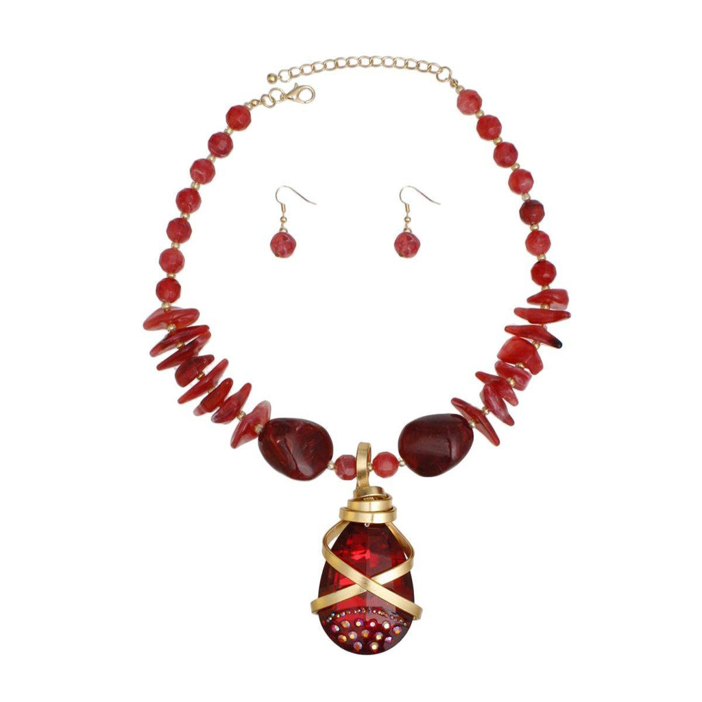 Marbled Red Stone Pendant Necklace Set with Artisan Crystal Detailing