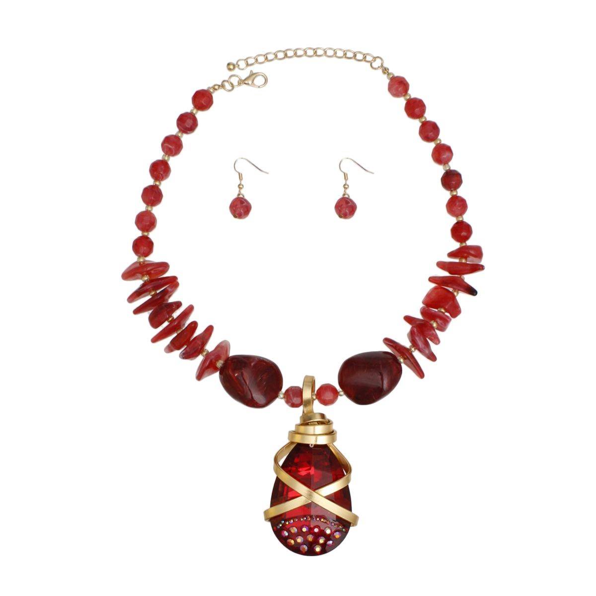 Marbled Red Stone Pendant Necklace Set with Artisan Crystal Detailing