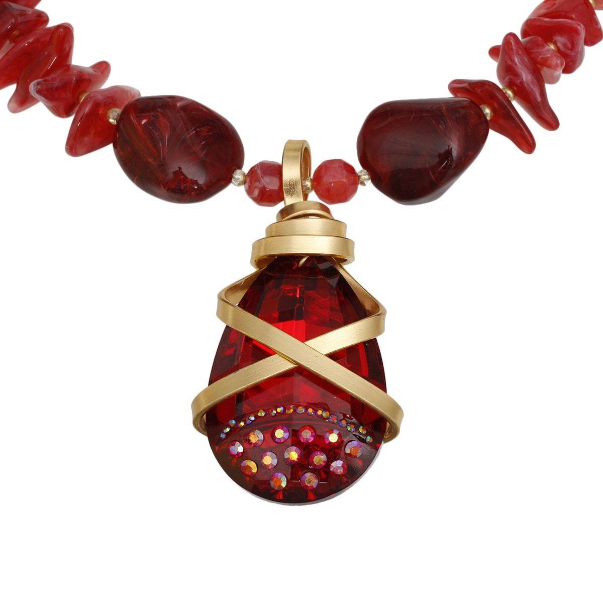 Marbled Red Stone Pendant Necklace Set with Artisan Crystal Detailing