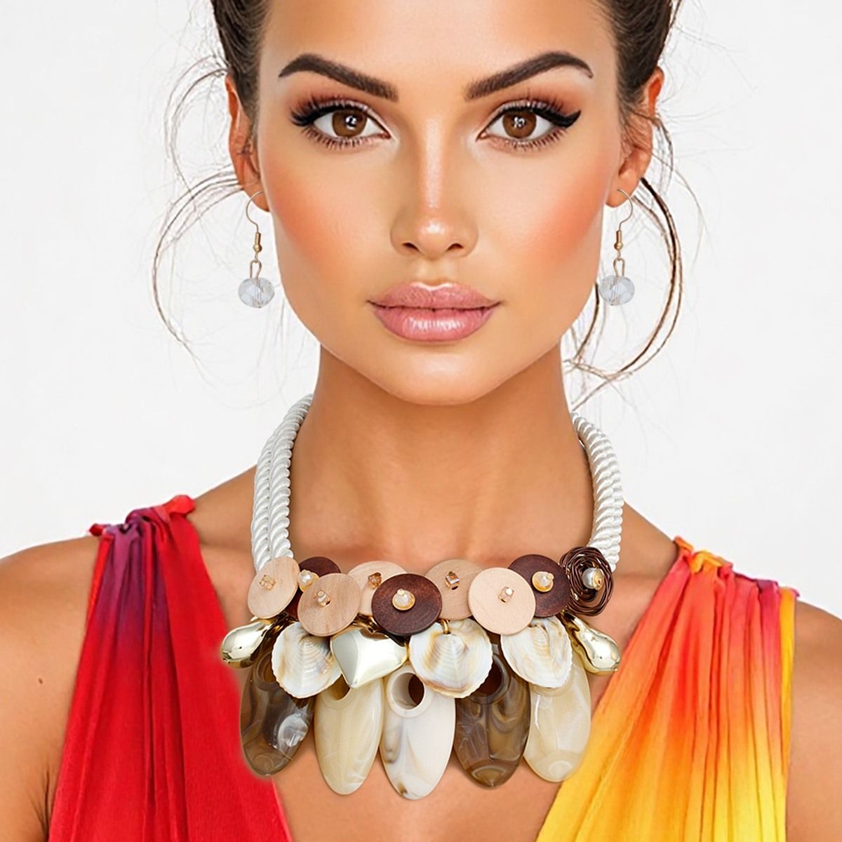 Statement Bib Necklace Set, Marine Chic, Wood, Shell, Gold Accents