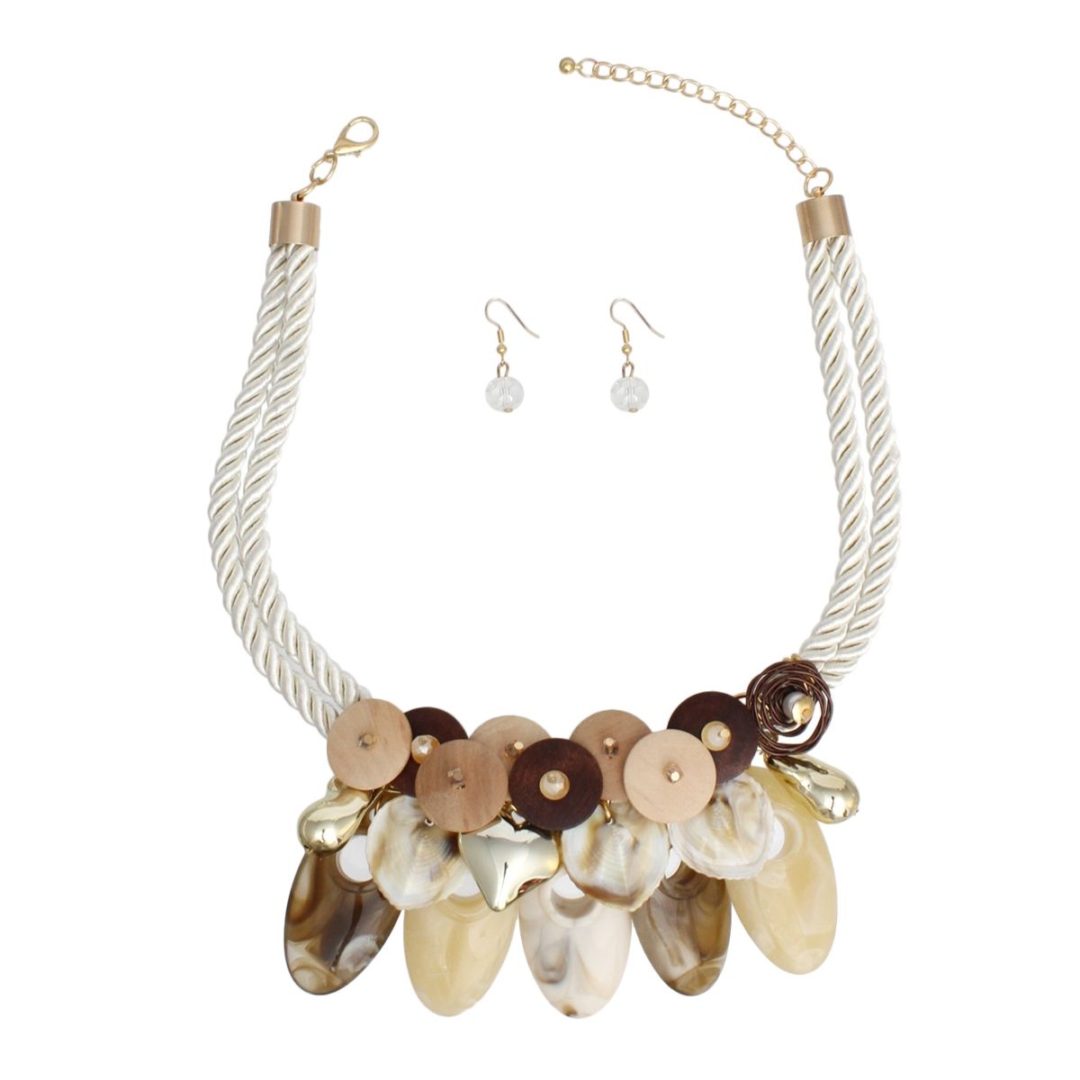 Statement Bib Necklace Set, Marine Chic, Wood, Shell, Gold Accents