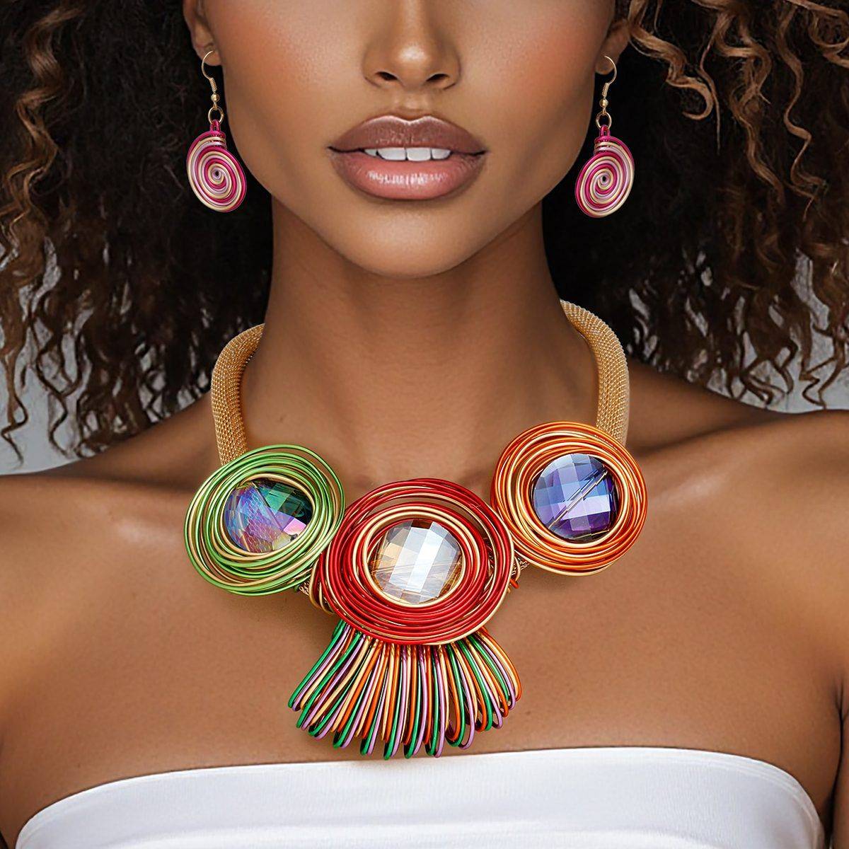 Vibrant Mesh Bib Necklace & Spiral Earrings Set