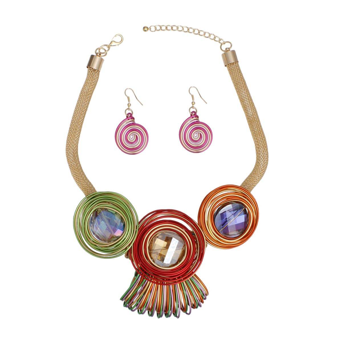 Vibrant Mesh Bib Necklace & Spiral Earrings Set