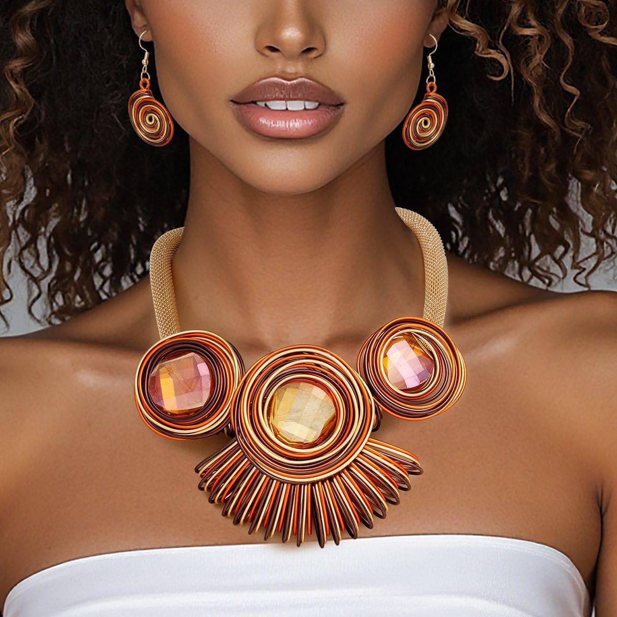 Sunset Mesh Bib Necklace & Spiral Earrings Set