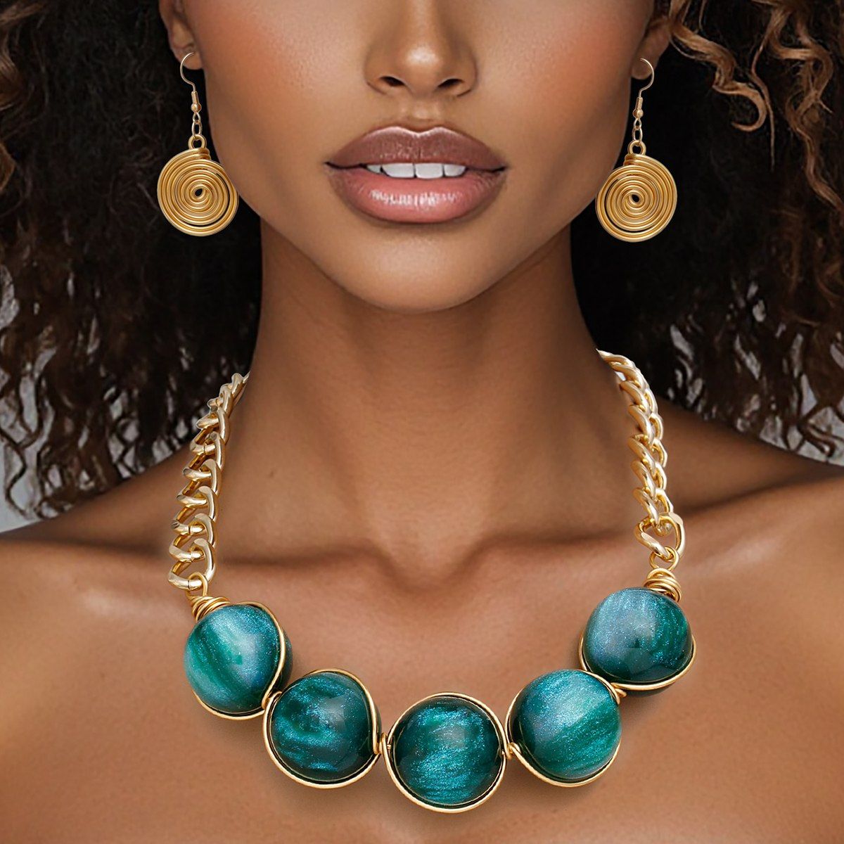 Collar Necklace Earrings Set in Glossy Gold with Green Ball Beads | Fashion Jewelry