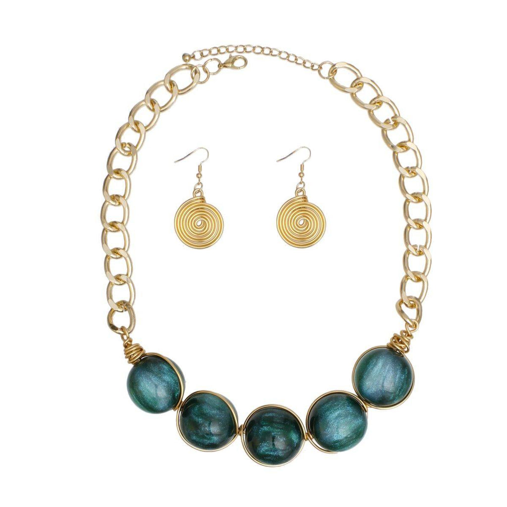 Collar Necklace Earrings Set in Glossy Gold with Green Ball Beads | Fashion Jewelry