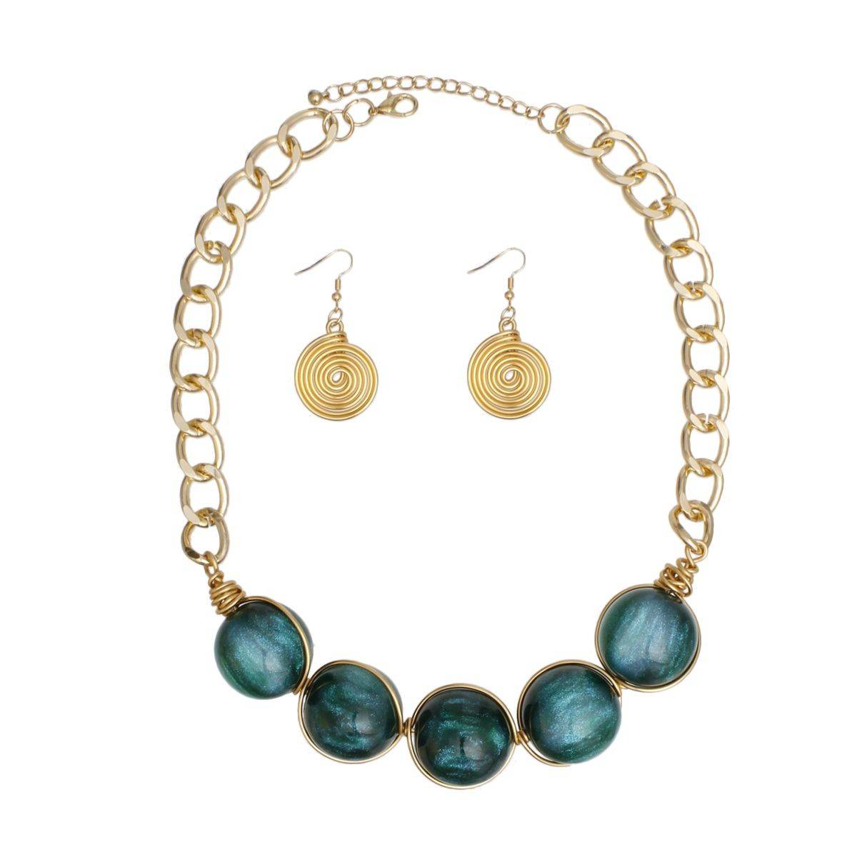 Collar Necklace Earrings Set in Glossy Gold with Green Ball Beads | Fashion Jewelry