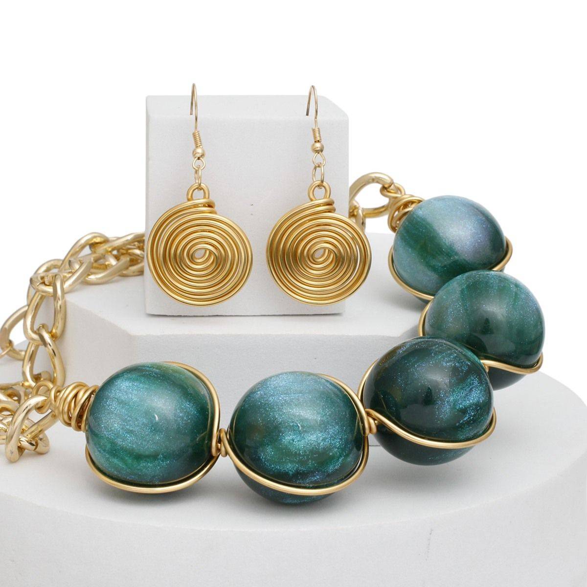 Collar Necklace Earrings Set in Glossy Gold with Green Ball Beads | Fashion Jewelry