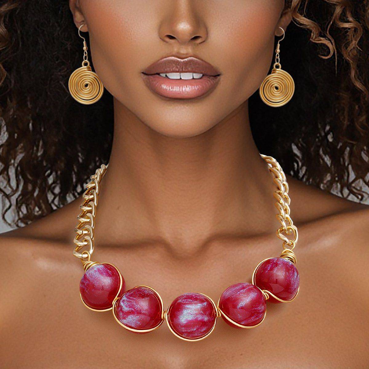 Collar Necklace Earrings Set in Glossy Gold with Red Ball Beads | Fashion Jewelry