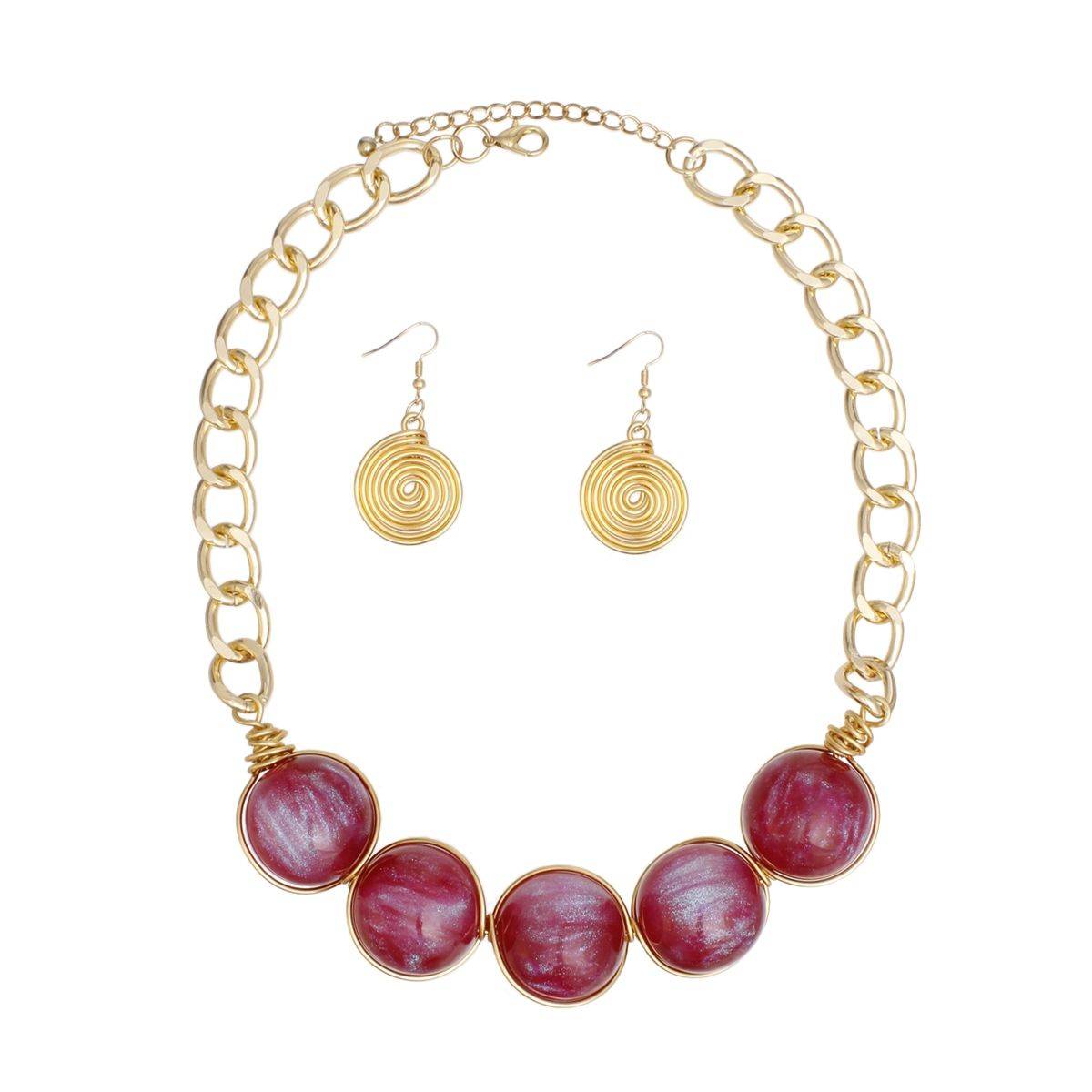 Collar Necklace Earrings Set in Glossy Gold with Red Ball Beads | Fashion Jewelry