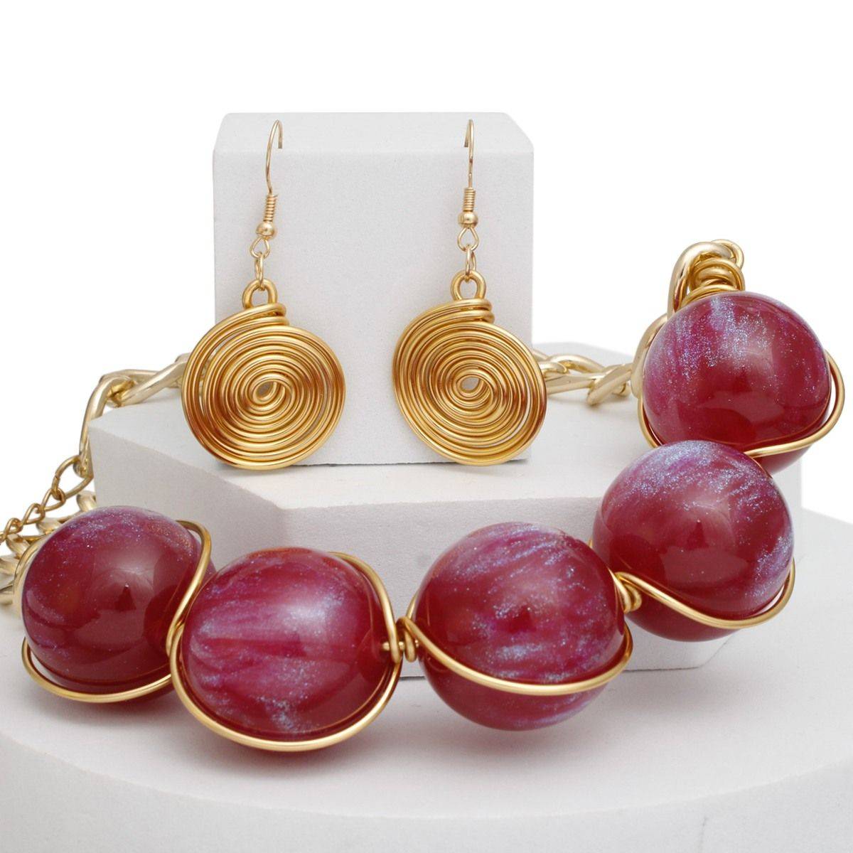 Collar Necklace Earrings Set in Glossy Gold with Red Ball Beads | Fashion Jewelry