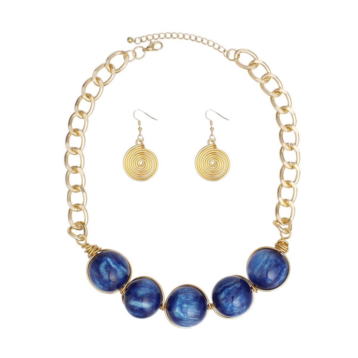 Collar Necklace Earrings Set in Glossy Gold with Blue Ball Beads | Fashion Jewelry