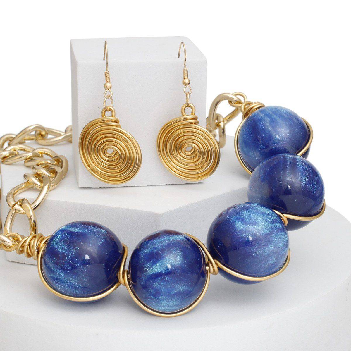 Collar Necklace Earrings Set in Glossy Gold with Blue Ball Beads | Fashion Jewelry