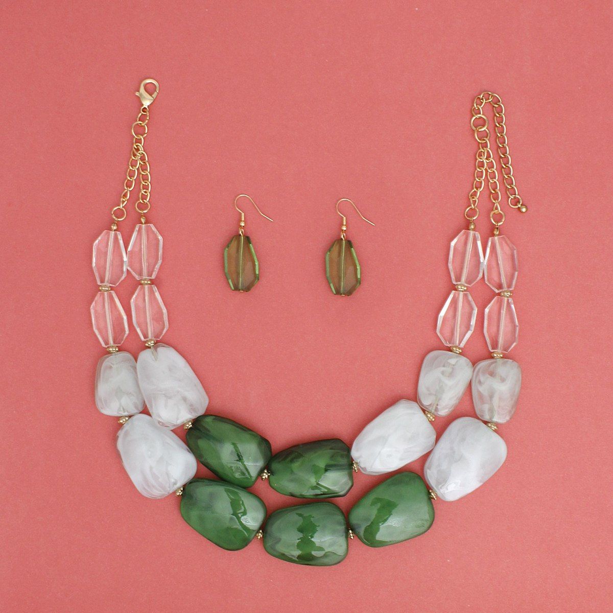 Green Bead Necklace Set Acrylic Resin Statement Jewelry with Earrings