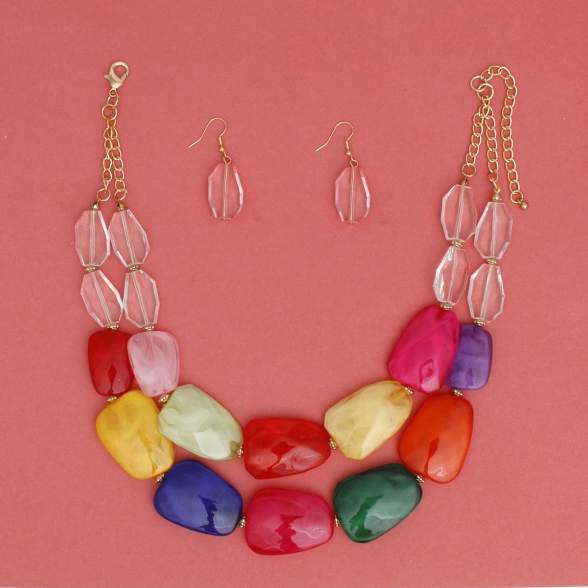 Multicolored Bead Necklace Set Acrylic Resin Statement Jewelry with Earrings